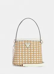 GUESS Beige White Atalia Raffia Crossbody Bucket Bag, Polyester