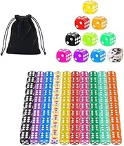 6-Sided Acrylic Gaming Dice Set with Round Corners, 100 Pcs 14 mm Transparent & Translucent Colors, Includes Black Velvet Pouches for Board Games, RPGs, and Casino Nights