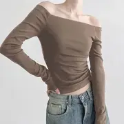 Long Sleeve Off-Shoulder Plain Slim-Fit Crop Top Green - M