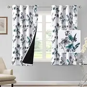 Smarcute 100% Blackout Curtains 160cm Drop 2 Panels Set Cattleya Floral Printed Blockout Light Leah Floral Thermal Curtains for Bedroom with Black Liner Sound Proof Curtains, Grey and Teal