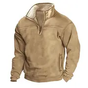 Men's Polo Sweatshirt Polar Fleece Quarter Zip Sweatshirt Khaki Half Zip Plain Pocket Sports Outdoor Daily Holiday Polyester Streetwear Basic Casual Winter Au