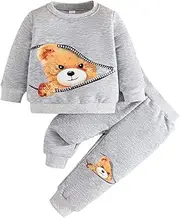 [Similotey] Baby Boy Outfit Set Bear Print Long Sleeve Sweatshirt + Pants Toddler Baby Boy Clothes, Grey, 12-18 Months