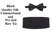 NEW Men's Black Adj. 100% Silk Cummerbund Pre Tied Bow tie Tuxedo Tux Formal Set