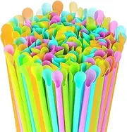 Ice Cream Scoop Straws Straws with Spoons, Assorted Colours, Pack of 100