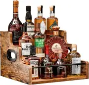 KLM Liquor Bottle Display Shelf, Coffee Syrup Rack Organizer, 3 Step Brown