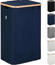 Lonbet - Blue Laundry Hamper with Lid - XL 100 L - Large Hampers for Laundry with Handles - Laundry Baskets with Lid for Bedrooms - Bamboo Bathroom Tall Laundry Bin