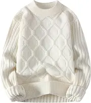 [Qolkmuiy-GJ] Mens Casual Cable Knit Sweater Fall Oversized Long Sleeve Pullover Crewneck Vintage Chunky Sweaters