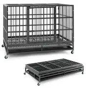 Costway 120CM Foldable Metal Dog Cage Chew-proof Dog Crate Portable Dog Kennel Crate w/Lockable Wheels