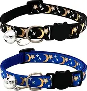 2PCS Breakaway Cat Collars with Bell, Glow in The Dark Adjustable Kitten Collars, Cute Moons and Stars Pendant, Safe Stretch Clasp for Cats