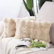 Pack of 2 Thick Plush Wool Throw Pillow 20" x 12" (Pack of 2) Light Beige