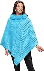 [Gloop] Women's Elegant Winter Faux Fur Poncho Round Neck Jacket Thick Cape Warm Knitted Fur, Sea blue, One size