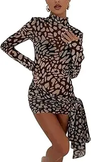 [JUMISEE] Women's Sheer Mesh Leopard Mini Dress Sexy Turtleneck Long Sleeve Short Dress Tie Waist Beach Cover Up Dresses