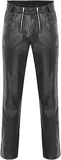 [Generic] Men's Leather Pants Active Workout Joggers Pants for Men with Pockets Wide Leg Drawstring Hip Hop Gym Trackpant