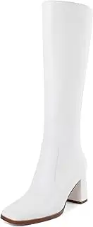 [Eldof] Ankle Boots Women Chunky Heel Square Toe High Heeled Gogo Short Booties Side Zipper 3 Inches