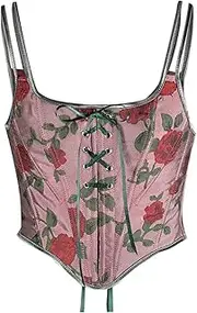 [generic] French Women Bustier Corset Sexy Lace-Up Floral Print Push Up Corset Top Party Clubwear Bodice Y2k Corselet