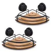 2 Pack Round Bamboo Corner Shower Caddy Shelf Basket Rack With Premium Vacuum Suction Cup No Drilling For Bathroom And Kitchen Bath Caddies & Trays