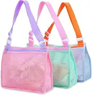 Tagitary Beach Toy Mesh Beach Bag Kids Shell Collecting Bag Beach Sand Toy Seashell Bag for Holding Shells Beach Toys Sand Toys Swimming Accessories for Kids (Only Bags,A Set of 3)