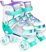 Roller Skates for Girls Boys Adjustable, 4 Size Ages 6-12 & 3-5, Kids Roller Skates with Light Up 8 Shining Wheels, 3 Color Shining Roller Skates for Toddlers Boys Girls Beginners