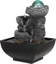 Tabletop Fountain with LED Light, Indoor Zen Meditation Fountain with Waterfall Function, 3-Tier Rock Water Fountain with Decorative Bubble Ball for Home Office Decor