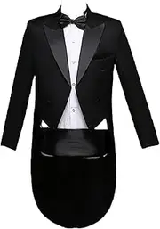 [Lejafay] Mens Suit Slim Fit 4 Piece Formal Wedding Tuxedo Swallow-Tailed Coat + Bow Tie + Girdle + Pants Set