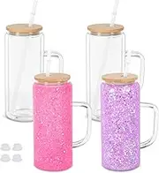 Maucircol 20 Oz Snow Globe Glass Cup With Handle, 4 Pack Pre-Drilled Double Wall Glass Coffee Mug For Snow Globe Diy Glitter, Double Wall Snow Globe Tumbler with Bamboo Lid, Clear