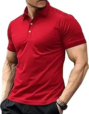 [VgueElegc] Slim Breathable Knit Button Top Short Sleeve Fitness Muscle T Shirt Workout Casual Gym Tee Shirts, Red, Medium