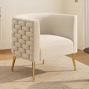 SEYNAR Modern Velvet Barrel Accent Chair, Comfy Wide Handmade Woven Bucket Arm Chair, Fluffy Tufted Upholstered Single Sofa Chair for Living Room, Bedroom, Office, Waiting Room(Beige)