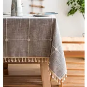 Catzon Embroidery Lattice Tablecloth with Tassel Cotton Linen Dust-Proof Table Cover for Kitchen Decoration-Grey
