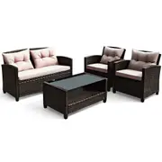 Costway 4pc Outdoor Lounge Setting Patio Furniture Rattan Couch Sofa Set Dining Table Chair Garden Backyard Balcony