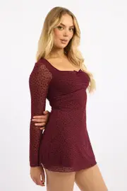 Red Mini Dress Long Sleeve Burn Out - Size 16XL, Women's Skater Dress