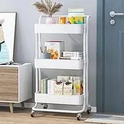 Levede 3 Tiers Kitchen Storage Trolley Cart, Kitchen Island Bench Trolley Steel Frame, Rolling Bathroom Rack Shelf Organiser Store Fruit Vegetable with 4 Wheels White