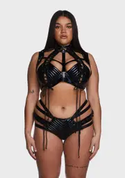 [Club Exx] Plus Rude Awakening Harness Bra Top - Black Holo