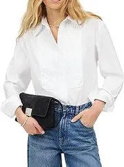 [SUNNOW] Womens White Tuxedo Button Up Shirt Pleated Bib Tops Long Sleeve Casual Blouse