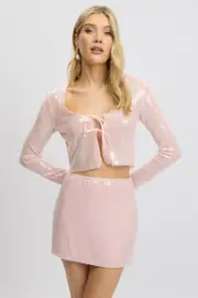 Pink Sequin Top Tie Up Front Long Sleeve - Size 6XXS, Women's Kimono