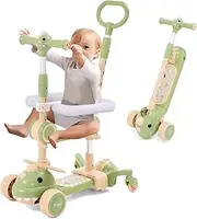 6 in 1 Scooter for Kids Height Adjustable Foldable,Toddler Kick Scooters with Music,5 Wheels Baby/Children Scooter With Seat Ages 10 Months-12 Years Old,Gifts for Girls Boys,Green