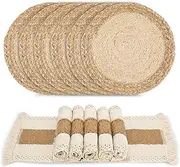 Zology Handmade Boho Placemats Set of 6 - Natural Cotton Burlap and Water Straw Woven Combination Table Mats, Macrame Décor and Farmhouse Style Placemats, for Dining Table Kitchen