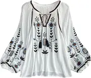 [Dickly] Embroidery Blouse for Women Pullover Lightweight Casual Tops Balloon Sleeves