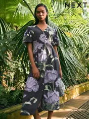 Kew Collection Navy Floral Button Down Puff Sleeve Midi Dress with Linen (AW4033) | $116