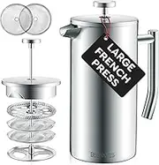 Belwares French Press Coffee Maker 50 Oz – Insulated Coffee Press Stainless Steel 304 Large – Coffee Spoon, Double Wall, & 4 Level Filtration System (1.5 Liter) – Silver