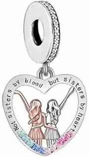 [Mon & Sons] Not Sisters By Blood But Sisters By Heart Love Friends Charm Bead Pendant 925 Sterling Silver Dangle Compatible With Pandora Charm Bracelet, Metal