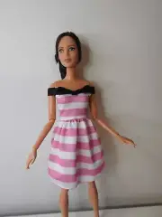 AS NEW BARBIE DOLL CLOTHES #643 PINK & WHITE STRIPE DRESS WITH BLACK BOW