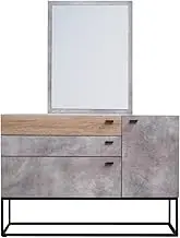 Priceworth Simon Dresser with Mirror, Makeup Mirror, Vanity Mirror, Bedroom Furniture, 3 Drawers and 2 Shelves for Storage, Built with MDF Frame, Dark Metal Handles and Legs, Dark Oak and Grey Finish