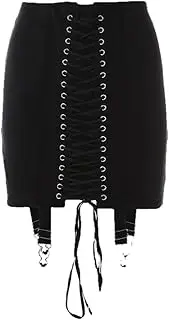 [N\P] NP Women Vintage Patchwork Punk Skirt High Waist Bodycon Eyelet Lace Up Sexy Black