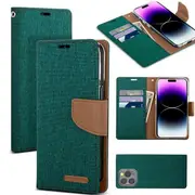 Goospery Canvas Apple iPhone 14 Pro Wallet Leather Case Denim Stand Flip Fabric Pouch Credit Card Slots Cover - Green