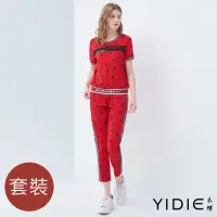 在飛比找momo購物網優惠-【YIDIE 衣蝶】撞色織帶點點圖案九分褲套裝-紅(上下身分