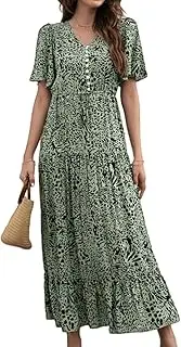 [SHINsuke] Women Boho Floral Summer Maxi Dress, Bohemian Puff Sleeve Ruffle V Neck Casual Spring Long A-Line Pleated Swing Dresses