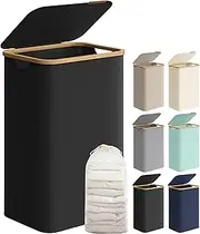 SONGMICS Laundry Basket with Lid, Large Laundry Hamper, 90L, Removable Mesh Liner, Oxford Fabric, Bamboo Handles, Collapsible, 42 x 32 x 70.5 cm, Ink Black LCB509B01