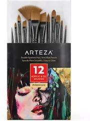 Arteza Paint Brushes, Set of 12, Premium Synthetic Acrylic & Oil Paint Brushes