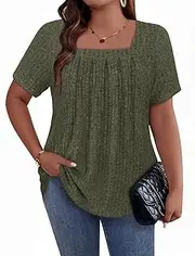 [Tanst Sky] Women's Plus Size Casual Tunic Tops Square Neck Short Sleeve Shirts Lightweight Pleated Blouses XL-5XL