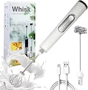 Rechargeable Milk Frother Handheld, 3-Spee Milk Frother Electric for Coffee with 2 Whisks and Coffee Decoration Tool, Coffee Frother Mixer, for Cream, Latte, Cappuccino (White)